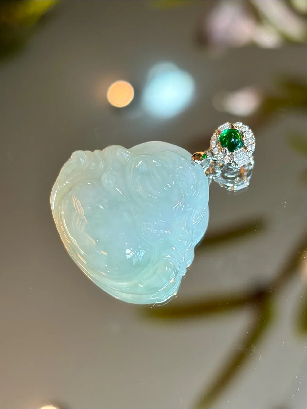 New Icy Green Natural Jadeite Laughing Buddha Pendant with Silver Bail